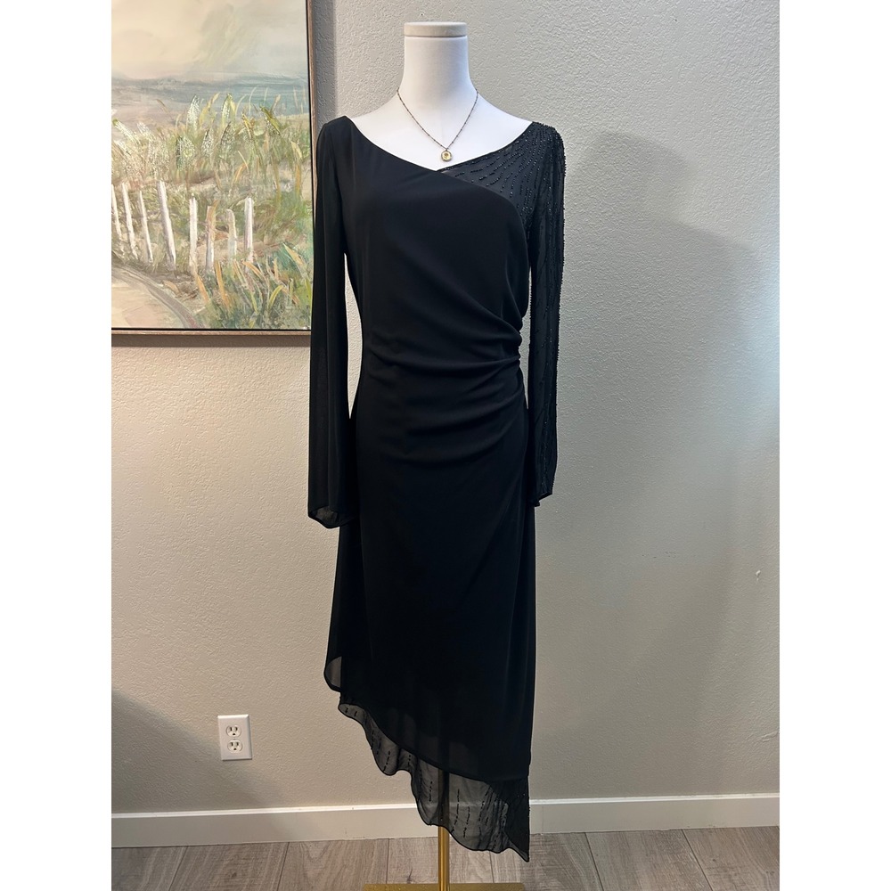 Kay Unger One Shoulder Black Beaded Cocktail Dress Asymmetrical Hem Size 10